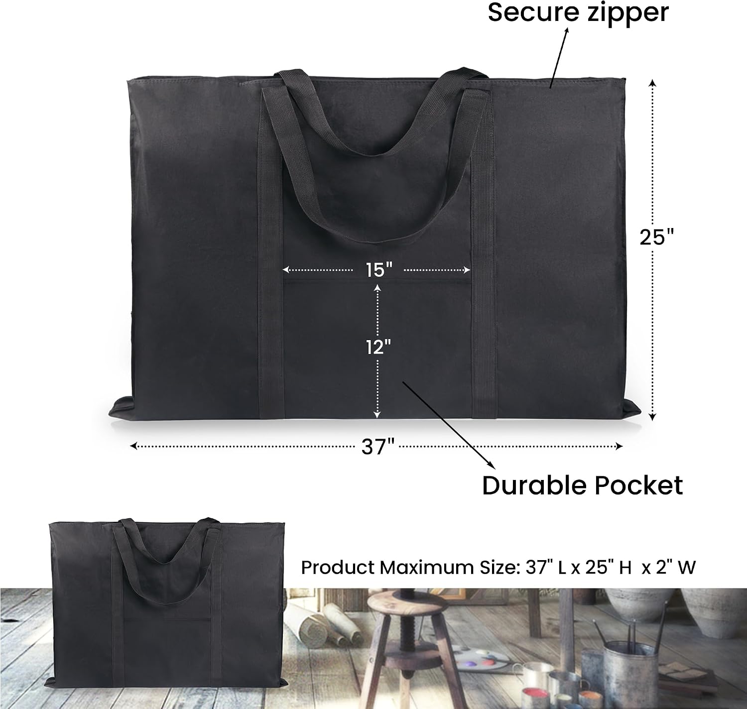 JJRING Dacron Light Weight Art Portfolio Tote Bag. 25'' x 37'' for 24'' x36'' Black Carrying Storage Case For Poster. Sketching. and Drawing - Image 2