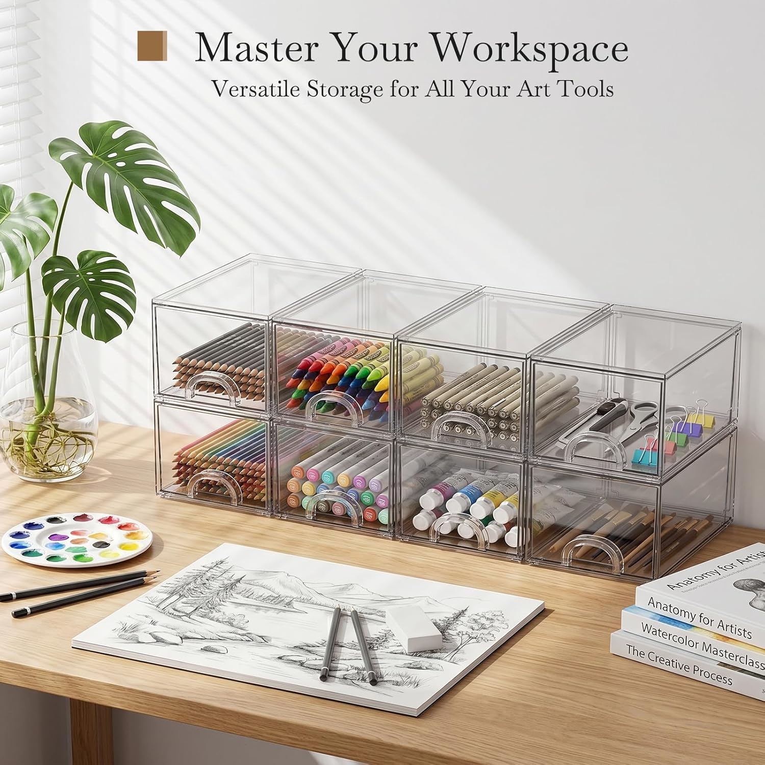 8 Pack Small Clear Stackable Acrylic Storage Boxes for Art Tool & Sketch. Storage Drawers. Storage Organizer. Clear Plastic Makeup Organizer. Ideal for Vanity. Cabinet. Desk Organization - Image 3