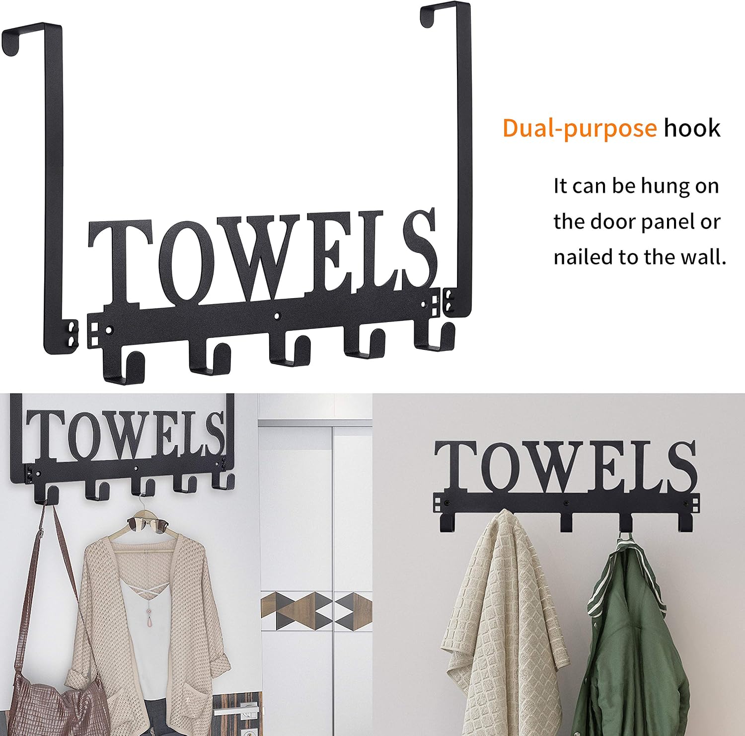 Kuhome Over The Door Hooks. Towel Holder for Bathroom. Door Mount Towel Rack Towel Hooks for Bedroom Beach Towels Bathrobe Wall Mount Hang on The Door Cabinet Cupboard Metal Sandblasted (Black) - Image 3